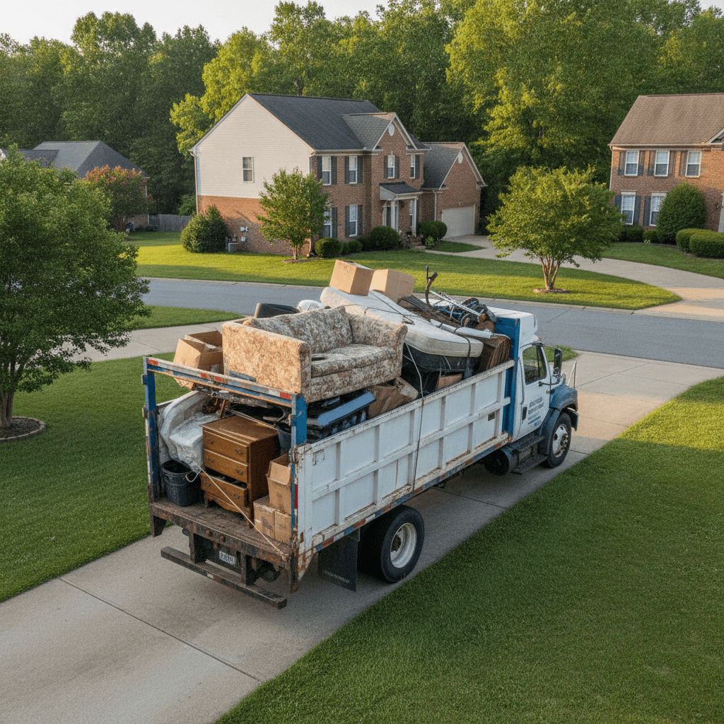 Clutter Cleaners junk removal truck loaded with furniture on a rural US-231 property near Masonville KY