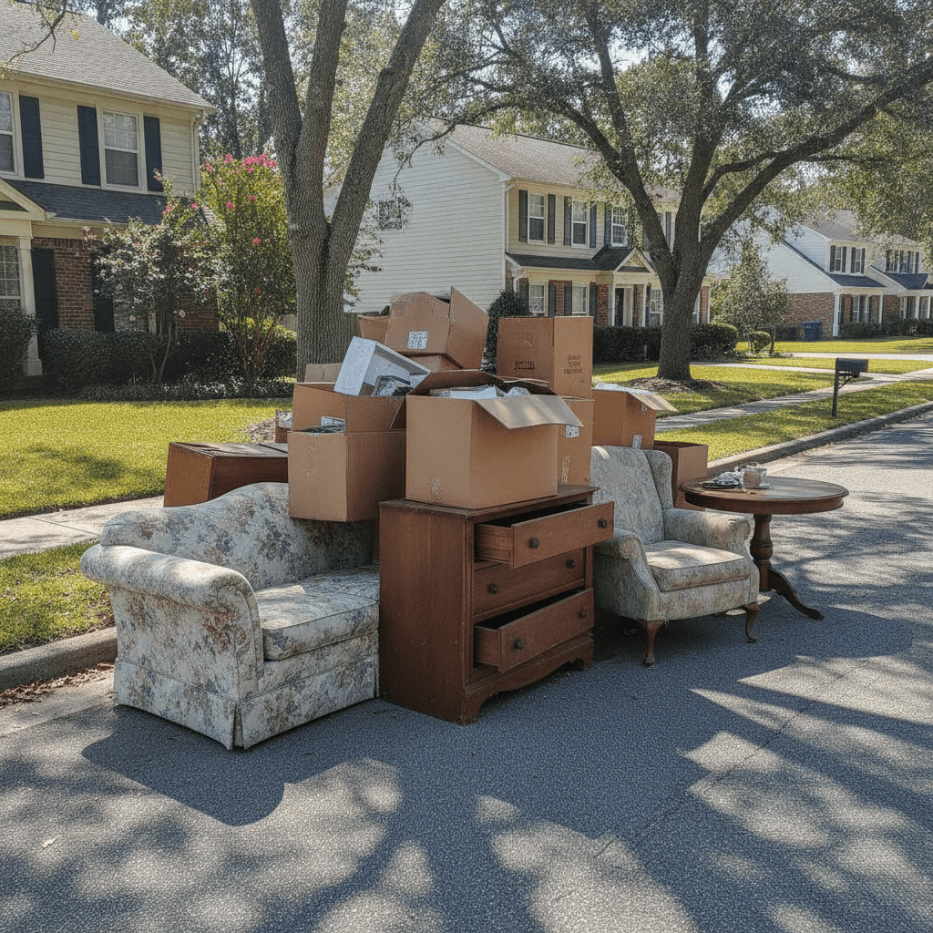Old furniture, appliances, and garage clutter loaded for junk removal near Thruston KY