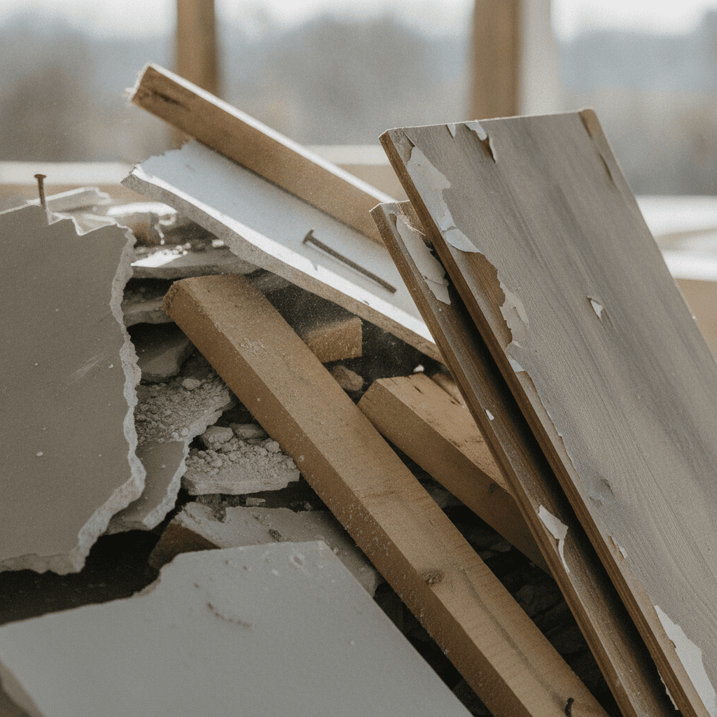 torn-out drywall and scrap lumber stacked for construction debris removal in Owensboro KY