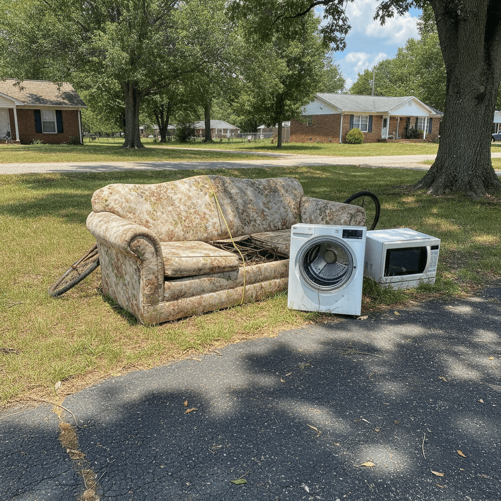 old couch and a broken appliance set at the curb of a residential Owensboro KY street ready for pickup