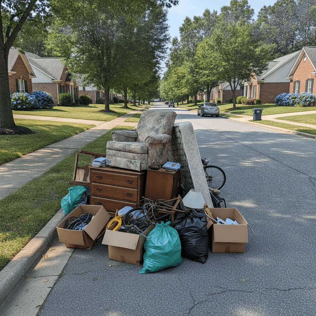old furniture and household junk set at the curb of a residential street in Owensboro KY awaiting curbside pickup
