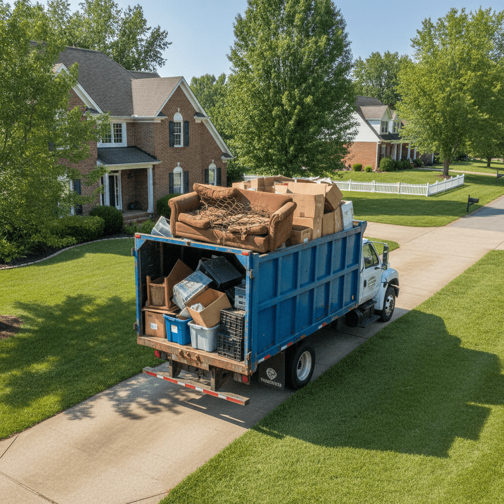 junk hauling truck loaded with furniture and boxes in an Owensboro KY driveway