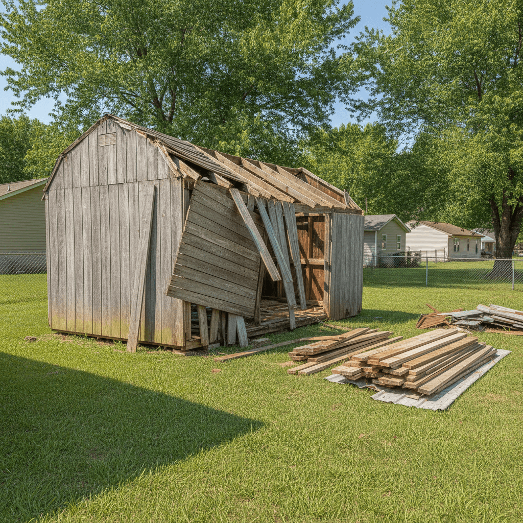 old wooden shed being torn down in an Owensboro KY backyard with boards stacked for haul off