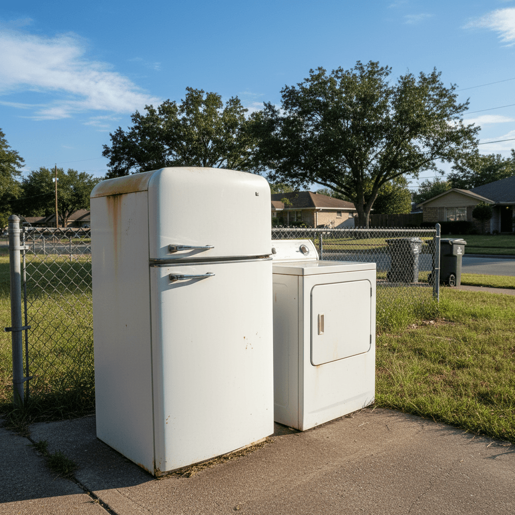 Old refrigerator and washer at driveway awaiting appliance removal in Owensboro KY