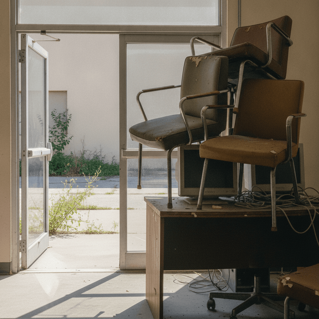 Stacked old office chairs near doorway for commercial cleanout in Owensboro KY