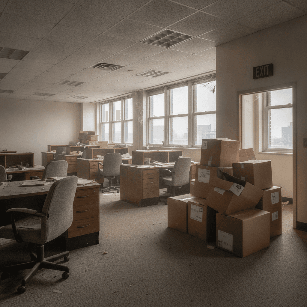 Office furniture and boxes staged near exit for commercial junk removal in Owensboro KY