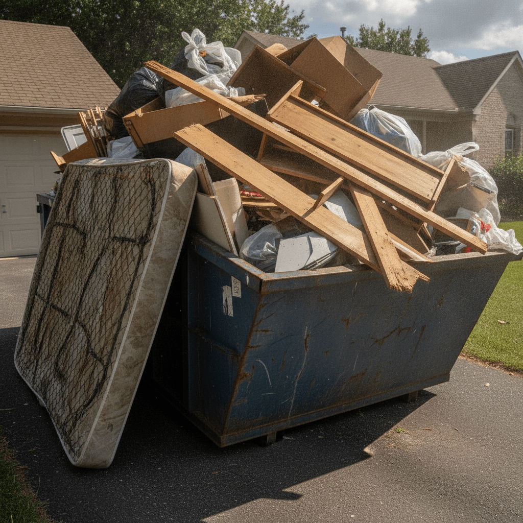 roll-off dumpster partially filled with renovation debris in an Owensboro KY driveway