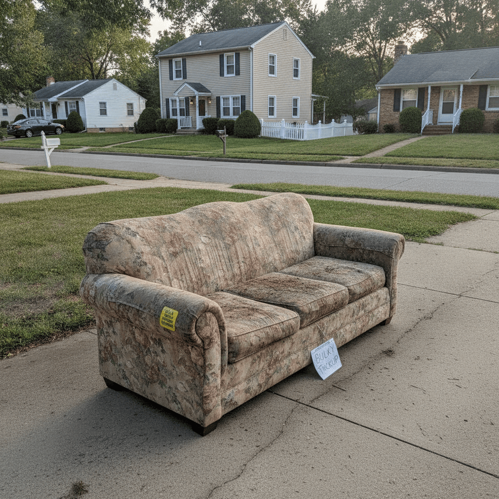 Worn couch on driveway awaiting furniture pickup in Owensboro KY