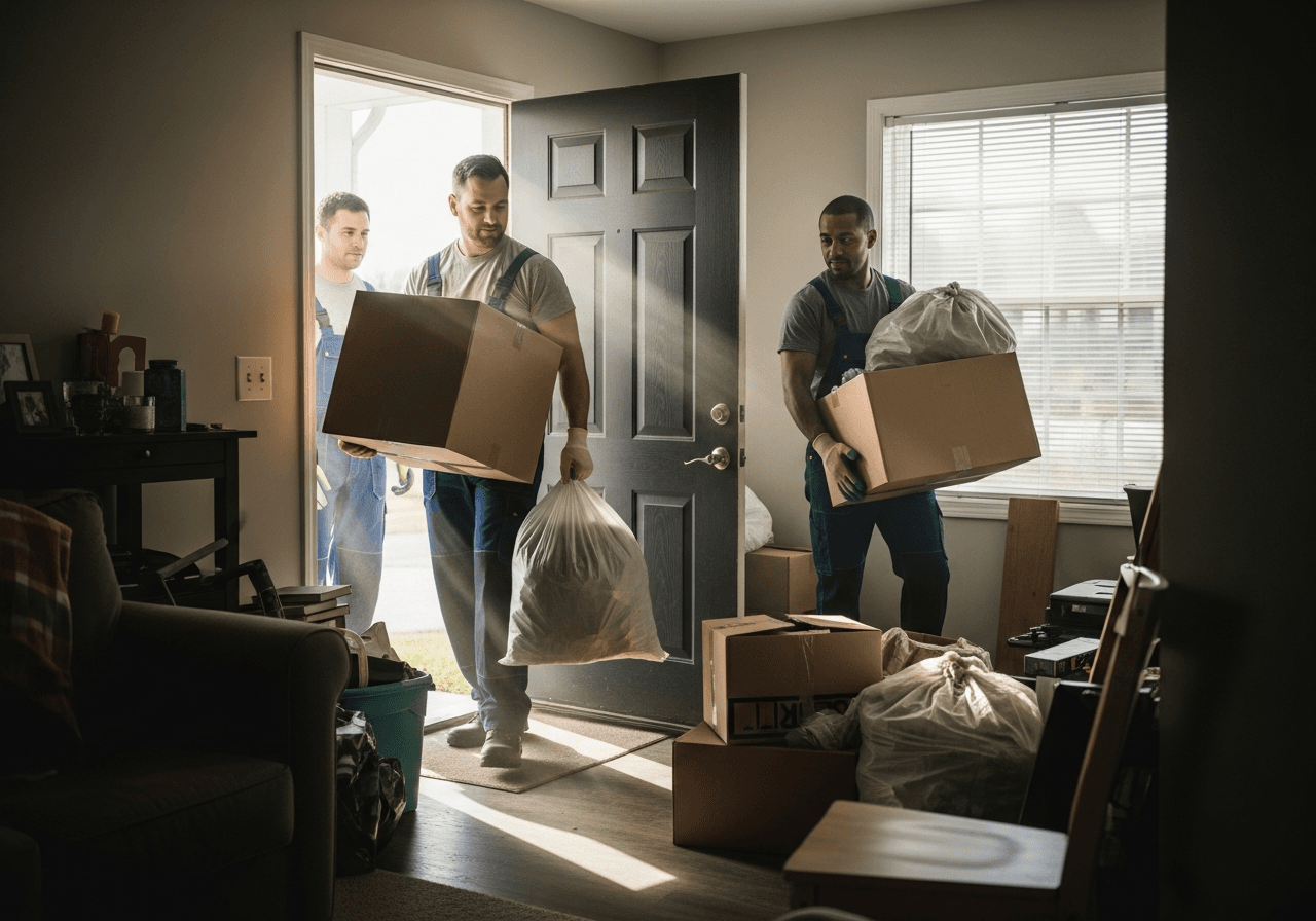 Stacked boxes and furniture being removed during a hoarder cleanout in Owensboro KY