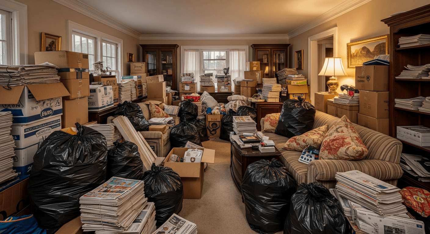 Cluttered living room being cleared during a hoarder cleanout in Owensboro KY