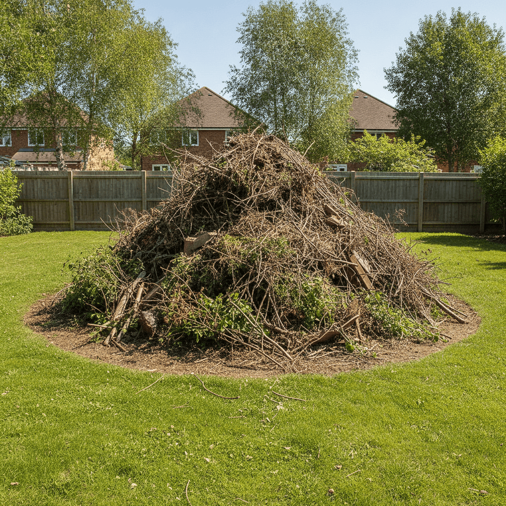 Large brush pile in residential backyard ready for yard debris removal in Owensboro KY